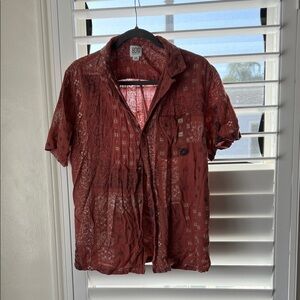 BDG Men's Short-Sleeve Bandana Print Button-Up in Rust